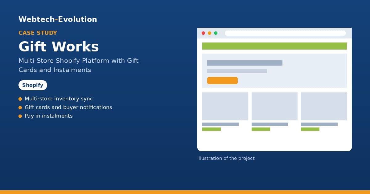 Illustration of the Gift Works project: Multi-Store Shopify Platform with Gift Cards and Instalments